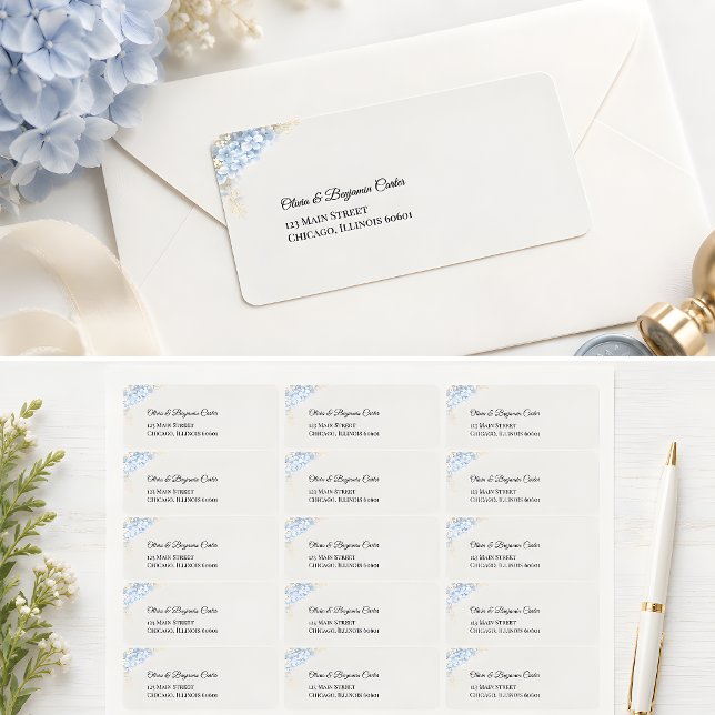 Étiquette Adresse Fleur d'Hydrangea Bleu Poussiéreux de Luxe (Part of the luxury dusty blue hydrangea wedding collection, address labels)