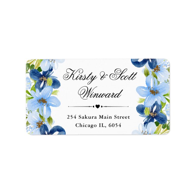 Étiquette Adresse Fleurs Bleu Bébé et Nuit à l'aquarelle (Devant)