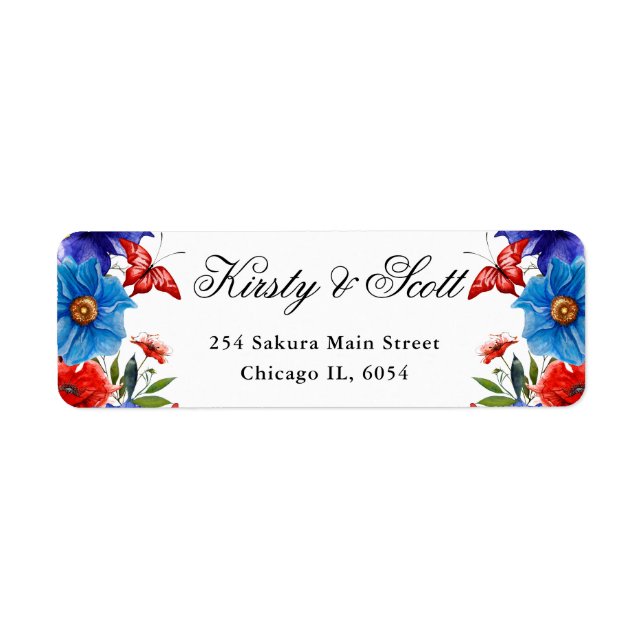 Étiquette Adresse Fleurs d'été rouges et bleues (Devant)