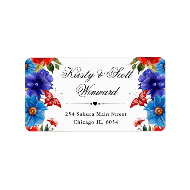 Étiquette Adresse Fleurs d'été rouges et bleues (Devant)