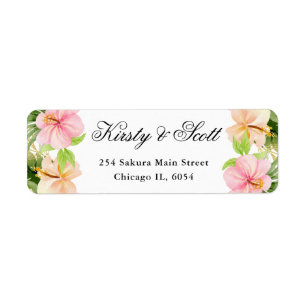 Étiquette Adresse Fleurs tropicales roses à l'aquarelle