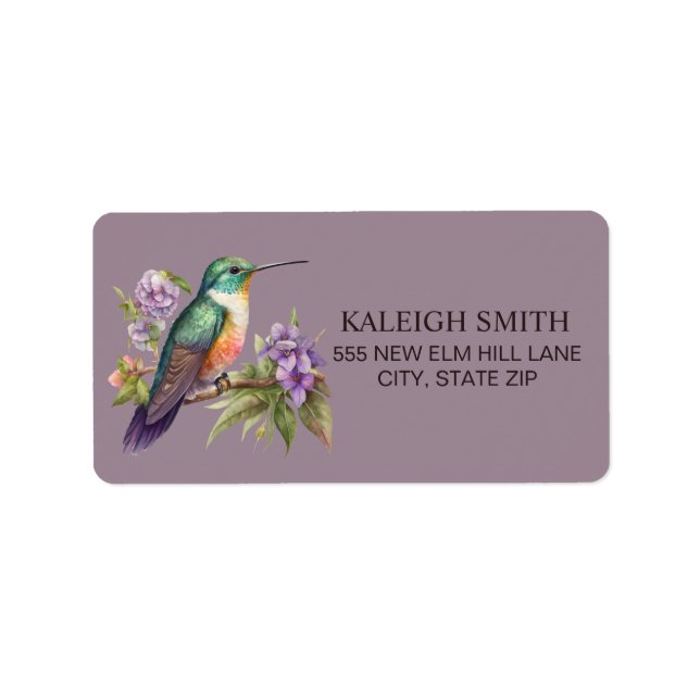 Étiquette Adresse Fleurs Violettes Colibri (Devant)