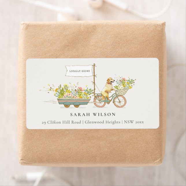 Étiquette Adresse florale de Golden Retriever cultivée local (En situation)