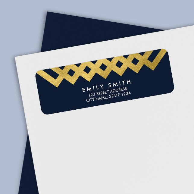 Étiquette Adresse géométrique Bleu Chic et Or Faux (Créateur téléchargé)