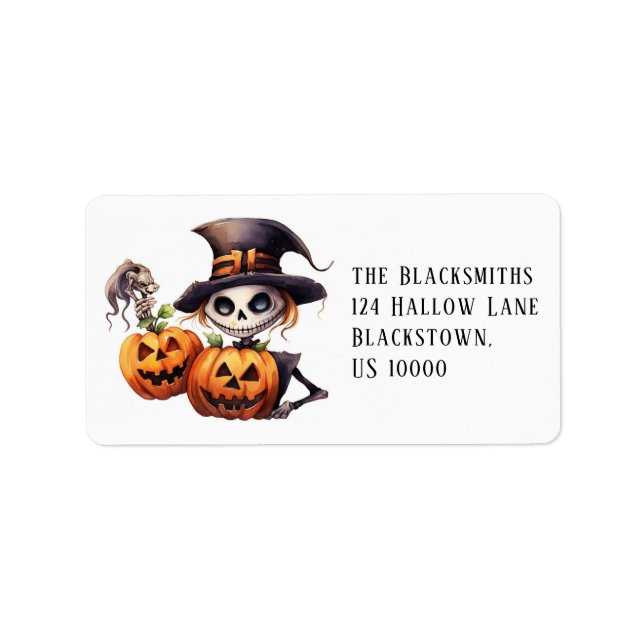 Étiquette Adresse Halloween de squelette effrayant avec citr (Devant)