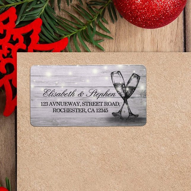 Étiquette Adresse mariage Champagne Verre Bois Lumières à co (Créateur téléchargé)