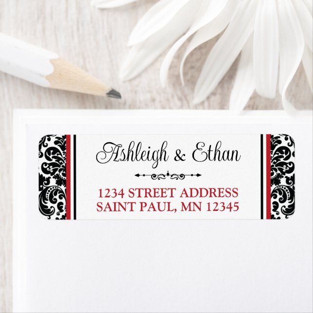Étiquette Adresse Mariage damassé Rouge, Blanc Noir (En situation)