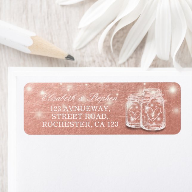 Étiquette Adresse mariage Mason Jars String Lights Rose Gold (En situation)