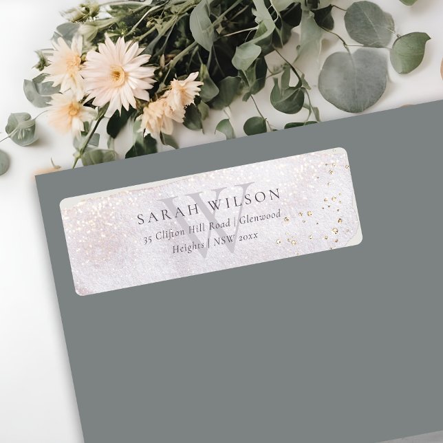 Étiquette Adresse Monogramme de brosse Abstraite Lilac Gold (Créateur téléchargé)