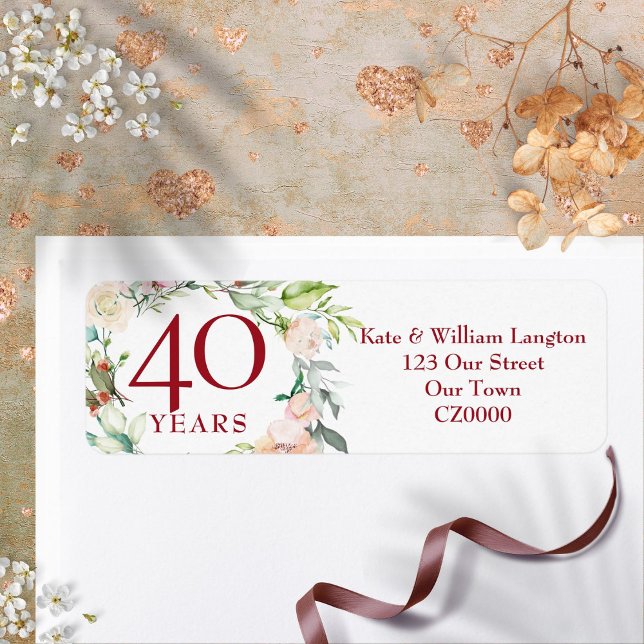 Étiquette Adresse pour l'anniversaire de mariage de rubis de (Roses Floral 40th Ruby Wedding Anniversary Address Label)