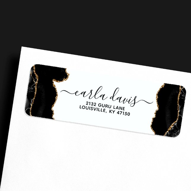 Étiquette Adresse professionnelle en marbre noir et or Agate (Créateur téléchargé)