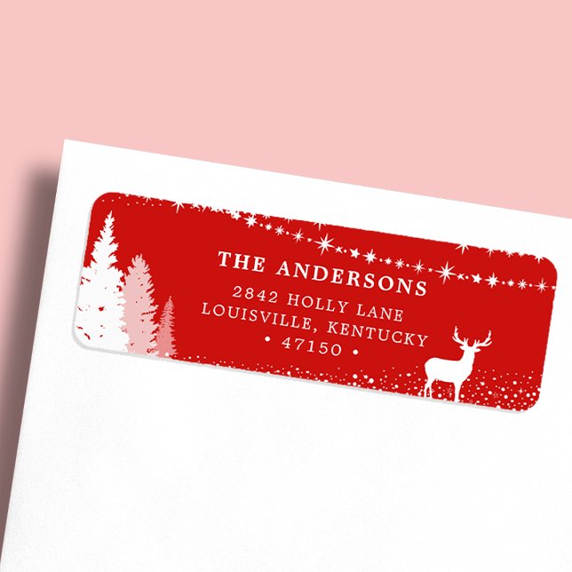 Étiquette Adresse Rouge Cerf de Bois Rustique d'Hiver (Créateur téléchargé)