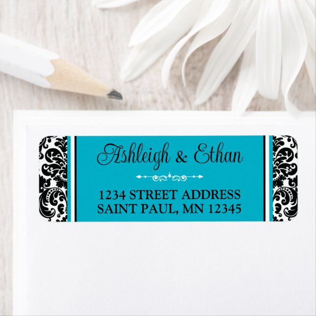 Étiquette Adresse Turquoise, Black White Mariage damassé (En situation)