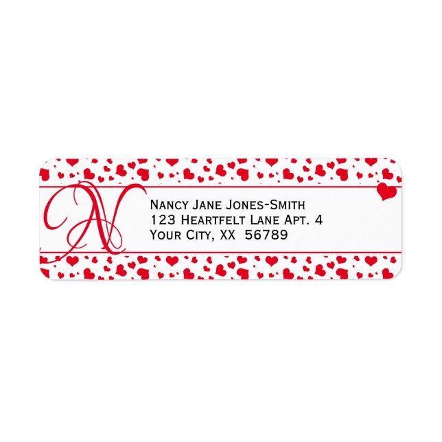 Étiquette Adresse Valentine Red Hearts Motif aléatoire (Devant)