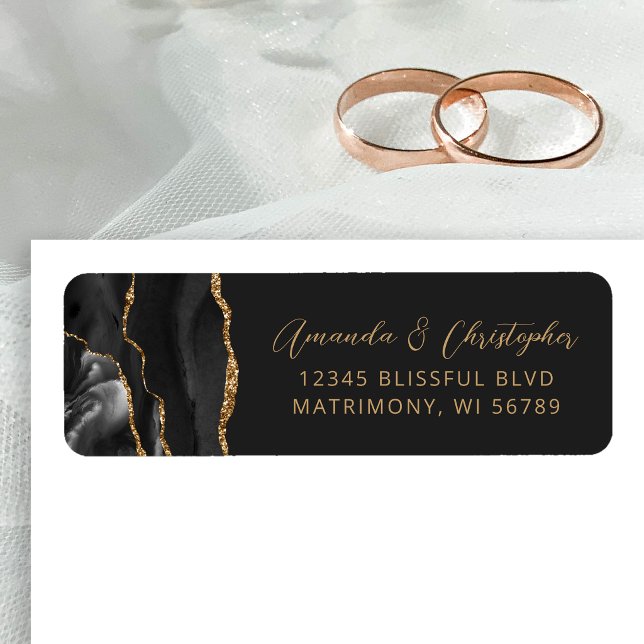 Étiquette Agate Black Gold Dark Wedding Return Address (Créateur téléchargé)