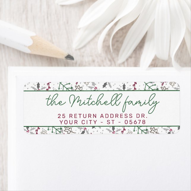 Étiquette Aiguilles de pin vert foncé Motif Red Holly Berrie (En situation)