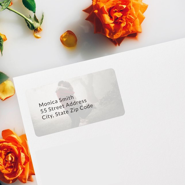 Étiquette Ajouter un mariage personnalisé photo (The custom photo address label shown on an envelope)