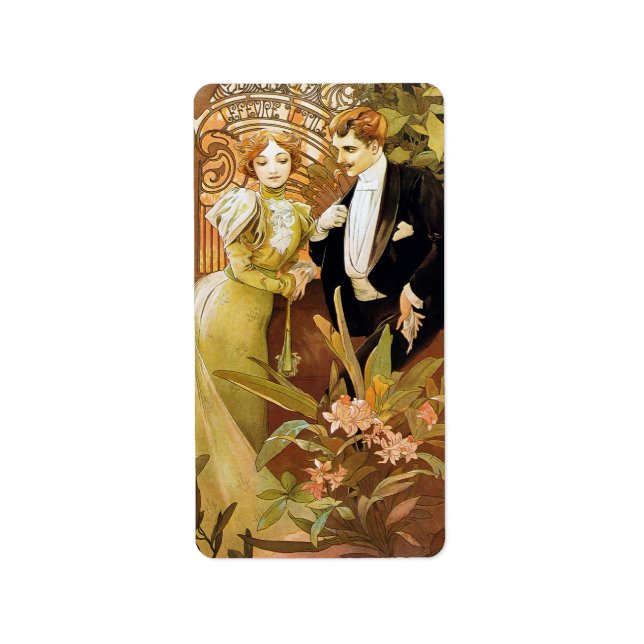 Étiquette Alphonse Mucha Flirt Vintage Art romantique Nouvea (Devant)