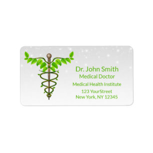 Étiquette Alternative Medical Caduceus Green Leaves White