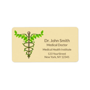Étiquette Alternative Médicale Caduceus Vert Feuilles Beige