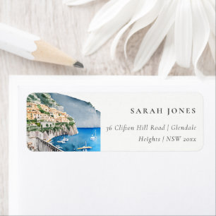 Étiquette Amalfi Coast Italy Watercolor Landcape Adresse