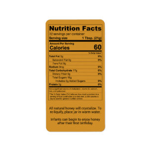 Étiquette Amber Honey Information sur la valeur nutritive