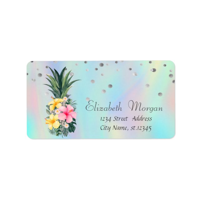 Étiquette Ananas floral chic points holographique iridescent (Devant)
