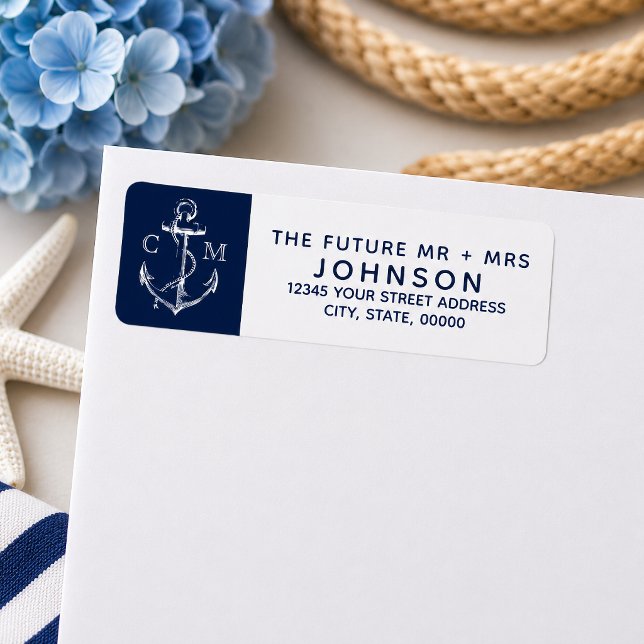 Étiquette Ancre blanche dessinée de style naval | (Navy nautical sketch anchor address labels for the future Mr & Mrs.

)