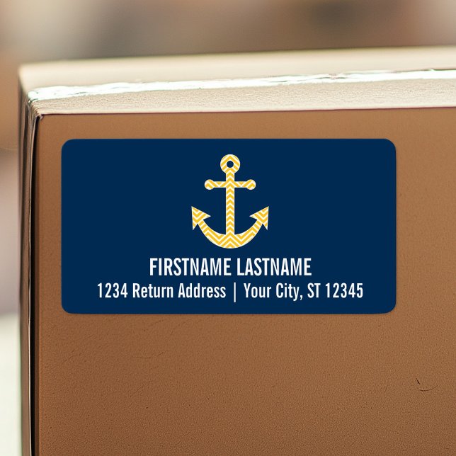 Étiquette Ancre nautique avec Motif de Navy Jaune Chevron (Personalized return address label)