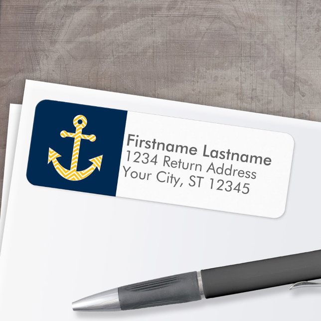 Étiquette Ancre nautique avec Motif de Navy Jaune Chevron (Custom Return Address Labels - Low Minimum)