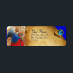 ÉTIQUETTE ANGEL IN GOLD RED AND BLUE MONOGRAM<br><div class="desc">Italian late medieval masterpiece from Fra Beato Angelico , Annunciation Angel Detail from Perugia Triptych  Italy , elaborated with old aged brown parchment effects and a bright 3D blue sapphire gem stone.</div>