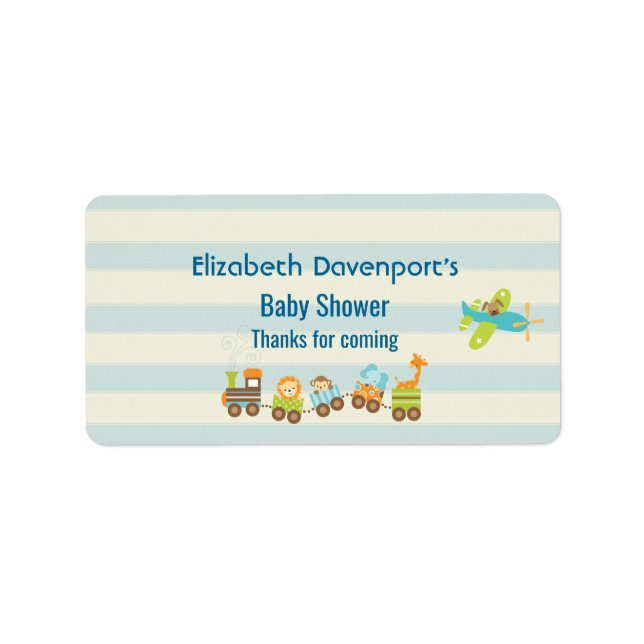 Étiquette Animal Toy Train and Airplane on Stripes (Devant)