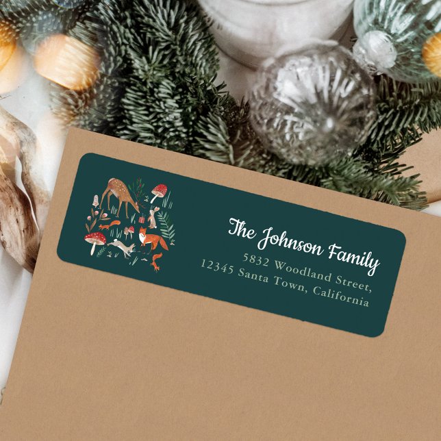 Étiquette Animaux de bois Green Christmas Party Invitation (Woodland Animals Green Christmas Party Invitation Label)
