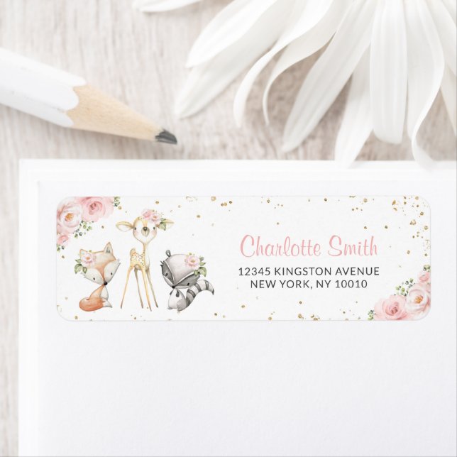 Étiquette Animaux de forêt, Fleurs roses, Baby shower (En situation)