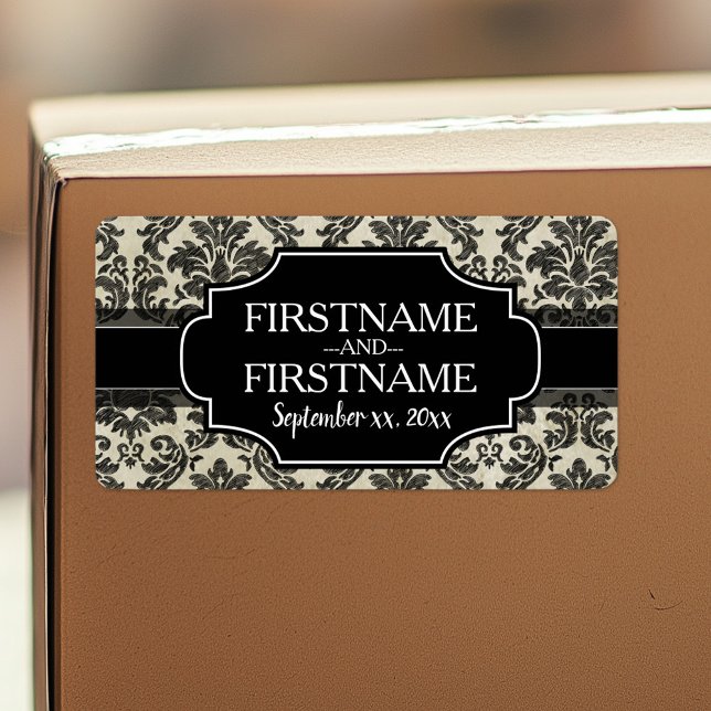 Étiquette Anniversaire du Mariage Goth Black Lace et Parchem (Custom Label with Wedding Bride and Groom)