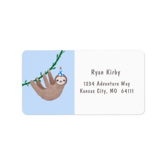 Étiquette Anniversaire du thème Sloth avec point polka bleu  (Devant)