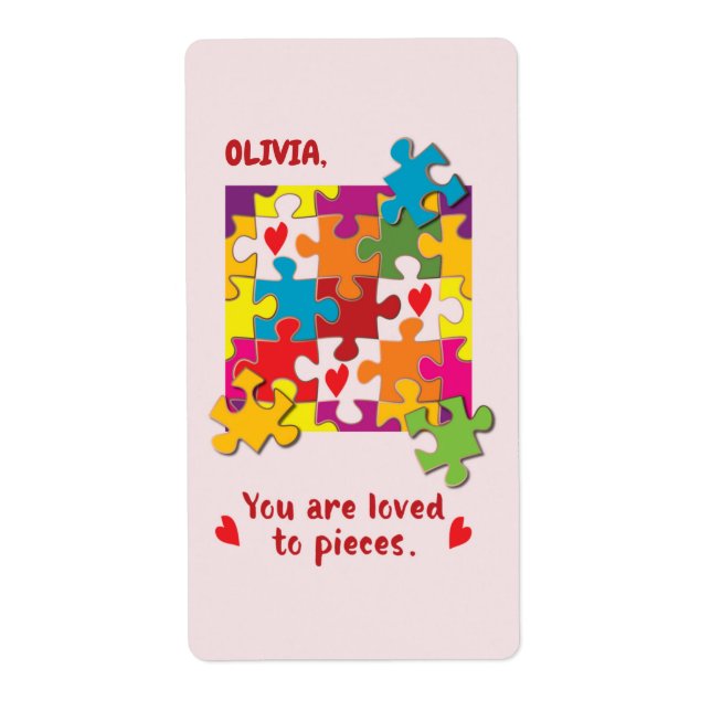 Étiquette Anniversaire Fille Puzzle Amour aux pièces (Devant)