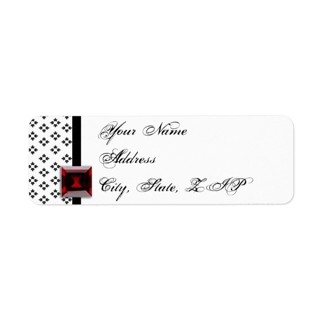 Étiquette Anniversaire noir et blanc de Ruby Damask (Devant)