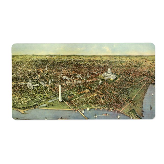 Étiquette Antique Map, Panoramic View of Washington DC (Devant)