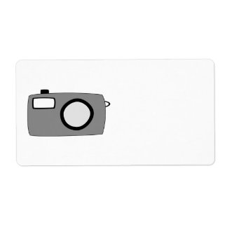 Étiquette Appareil photo gris et noir. En blanc.