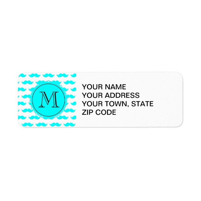 Étiquette Aqua Blue Mustache Motif, Aqua Black Monogram (Devant)