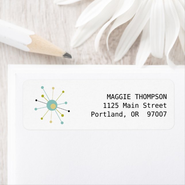 Étiquette Aqua Blue Yellow Starburst atomique milieu du sièc (En situation)