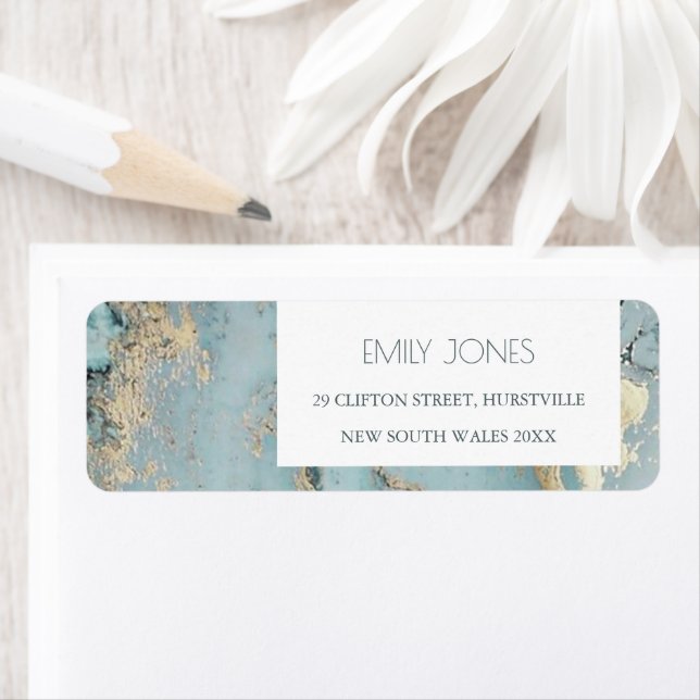 ÉTIQUETTE AQUA DUSKY BLUE GOLD AGATE MONOGRAM ADRESSE (En situation)