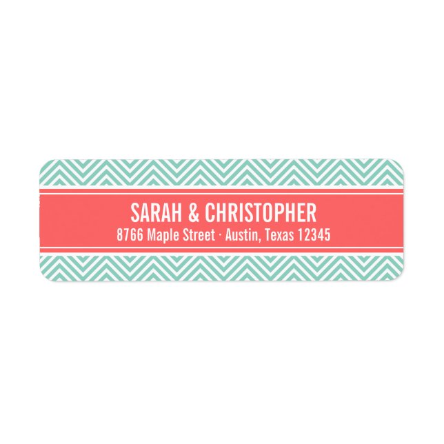 Étiquette Aqua et Coral Moderne Chevron (Devant)