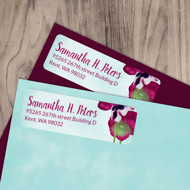 Étiquette Aquamarine, Pansies Violet Retourner l'adresse Éti (magenta pink berry turquoise pansy flowers wedding invitation address label, mailing return address)