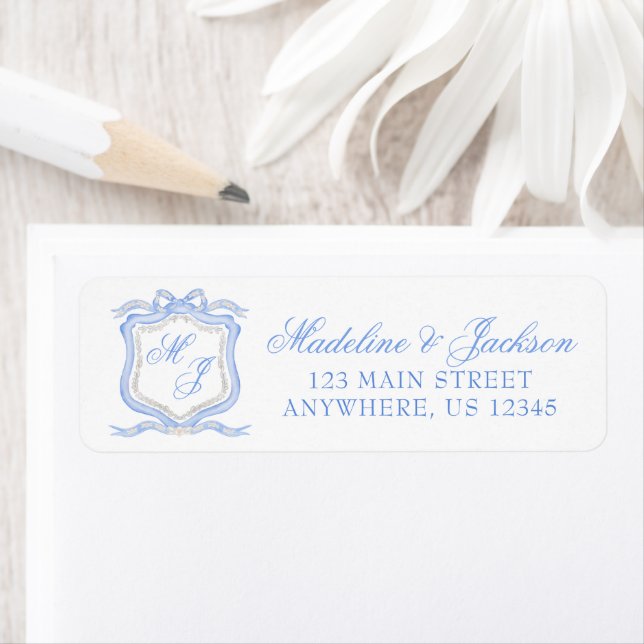 Étiquette Aquarcolor Designer Blue Monogram Crest Adresse (En situation)