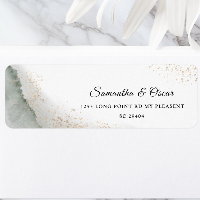 Étiquette Aquarelle Abstraite Traits de Pinceau Verts & Or (Créateur téléchargé)