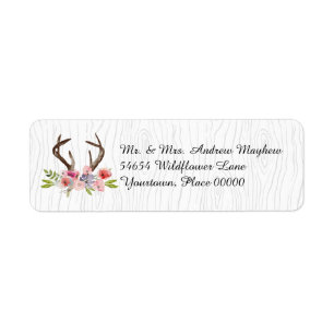 Étiquette Aquarelle Antlers Fleurs sauvages Faux Bois Adress
