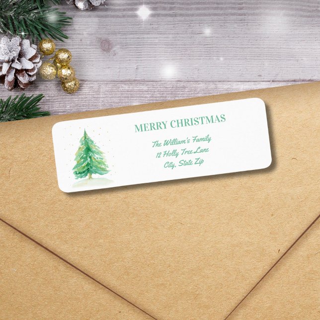 Étiquette Aquarelle Arbre de Noël Avec Neige Or (Créateur téléchargé)