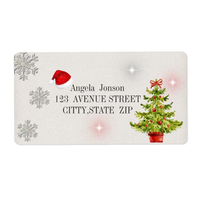 Étiquette Aquarelle arbre de Noël, chapeau de Santa, Parties (Devant)